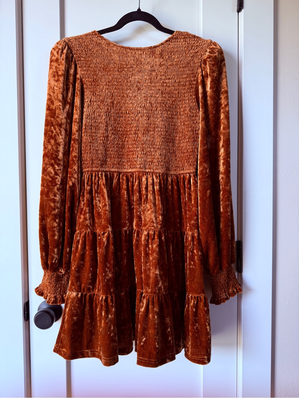 Baltic Born Kele Crushed Velvet Copper Smocked Tiered Mini Dress Large